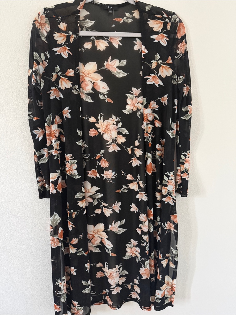 Irises Black Floral Long Cardigan Dress - Peach Floral Print